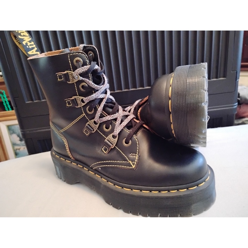 Dr. Martens Black Lace-Up Combat Boots with Yellow Stitching